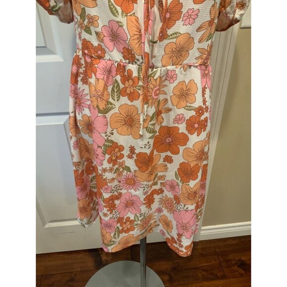 Eilly Bazar White Pink Orange Floral Crepe Puff Sleeve Mini Dress, Size XS, NWT! - Picture 3 of 7